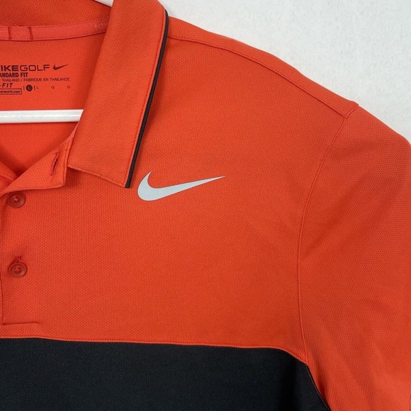 NIKE Dri-Fit Icon Colorblock Golf Shirt Swoosh 882085-852 Mens Sz L Orange Black - Picture 3 of 6